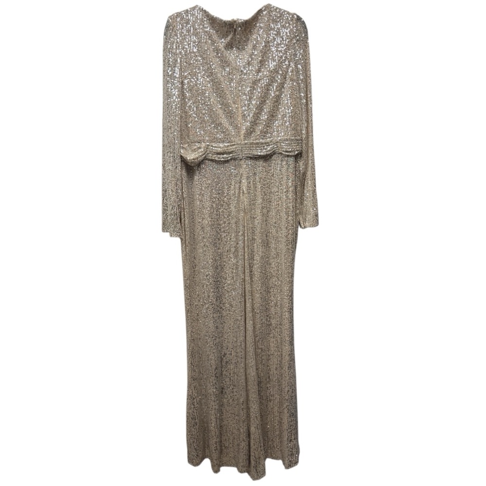 Long Sleeve Silver Sequin Wrap Gown with High Slit - Picture 6 of 8